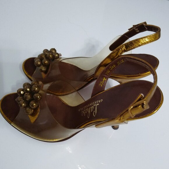 1950s Vintage Leather Sling Back Open Toe Clear Vinyl High Heels - Picture 2 of 6